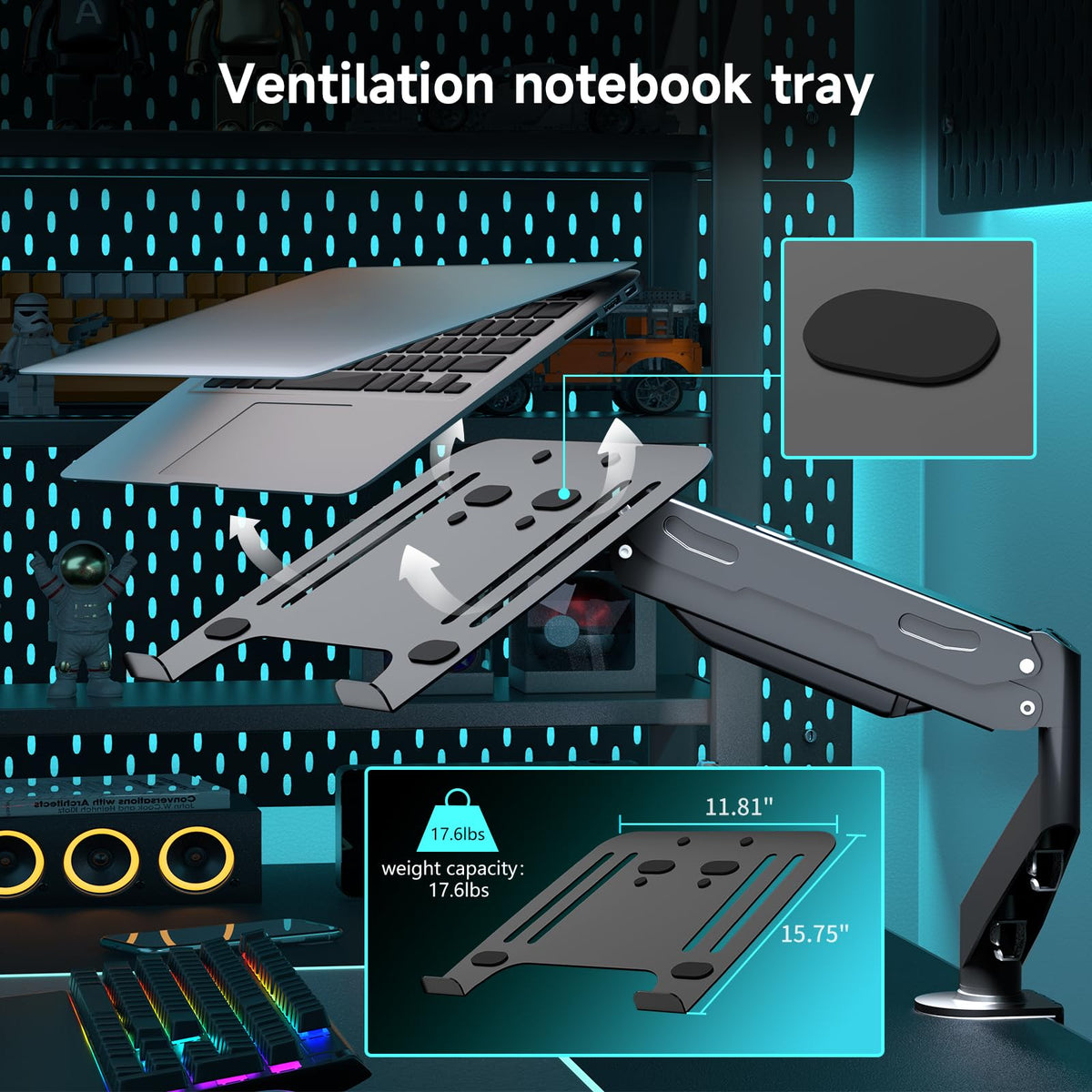 Pholiten perforated base mounted to desk saving surface area and space