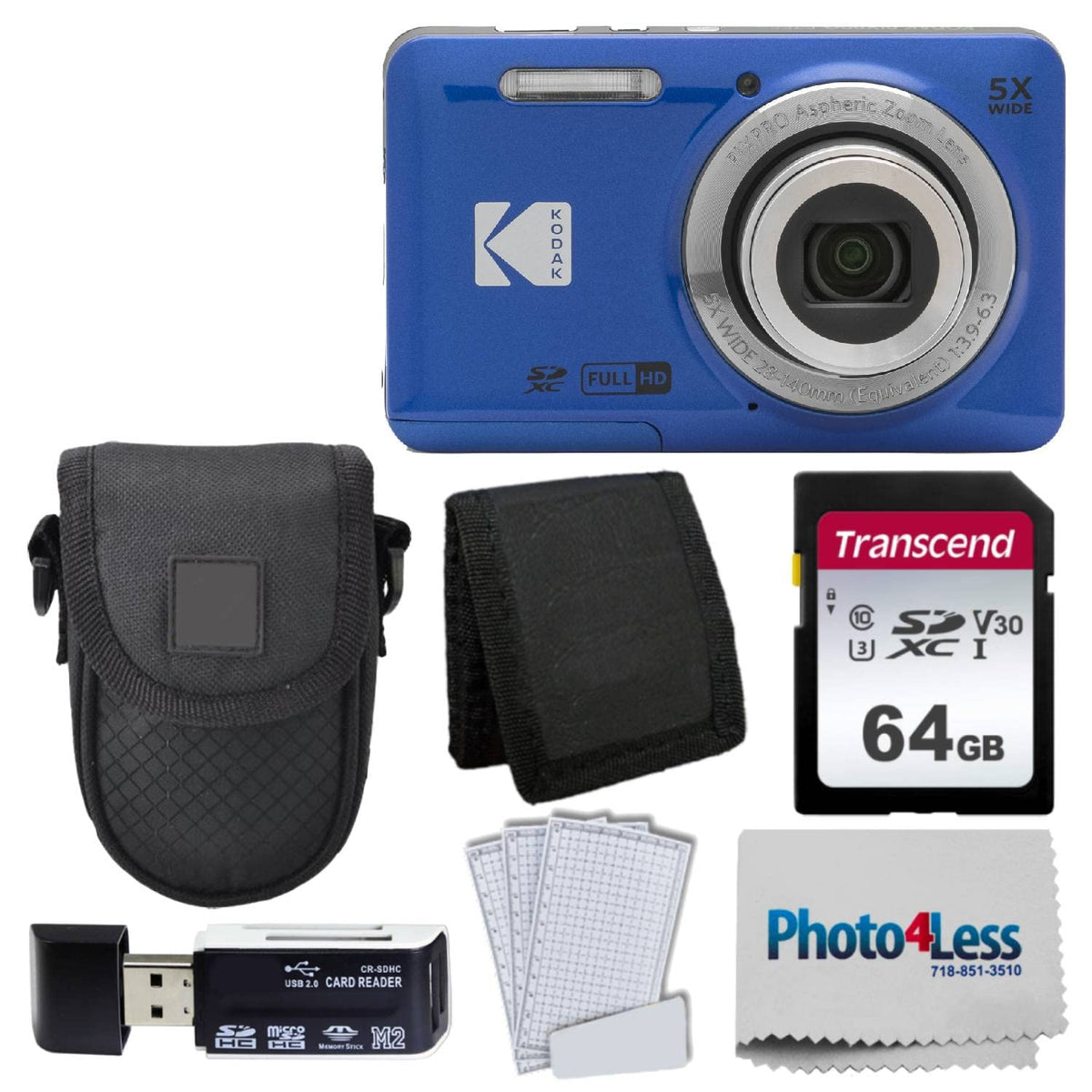 PHOTO4LESS Kodak PIXPRO FZ55 blue camera front view for casual travel photography.