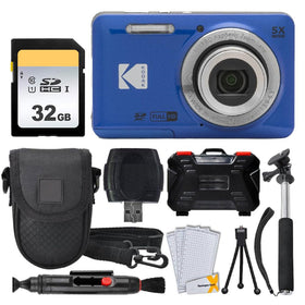 Kodak PIXPRO FZ55 blue front view showing compact travel-ready design.