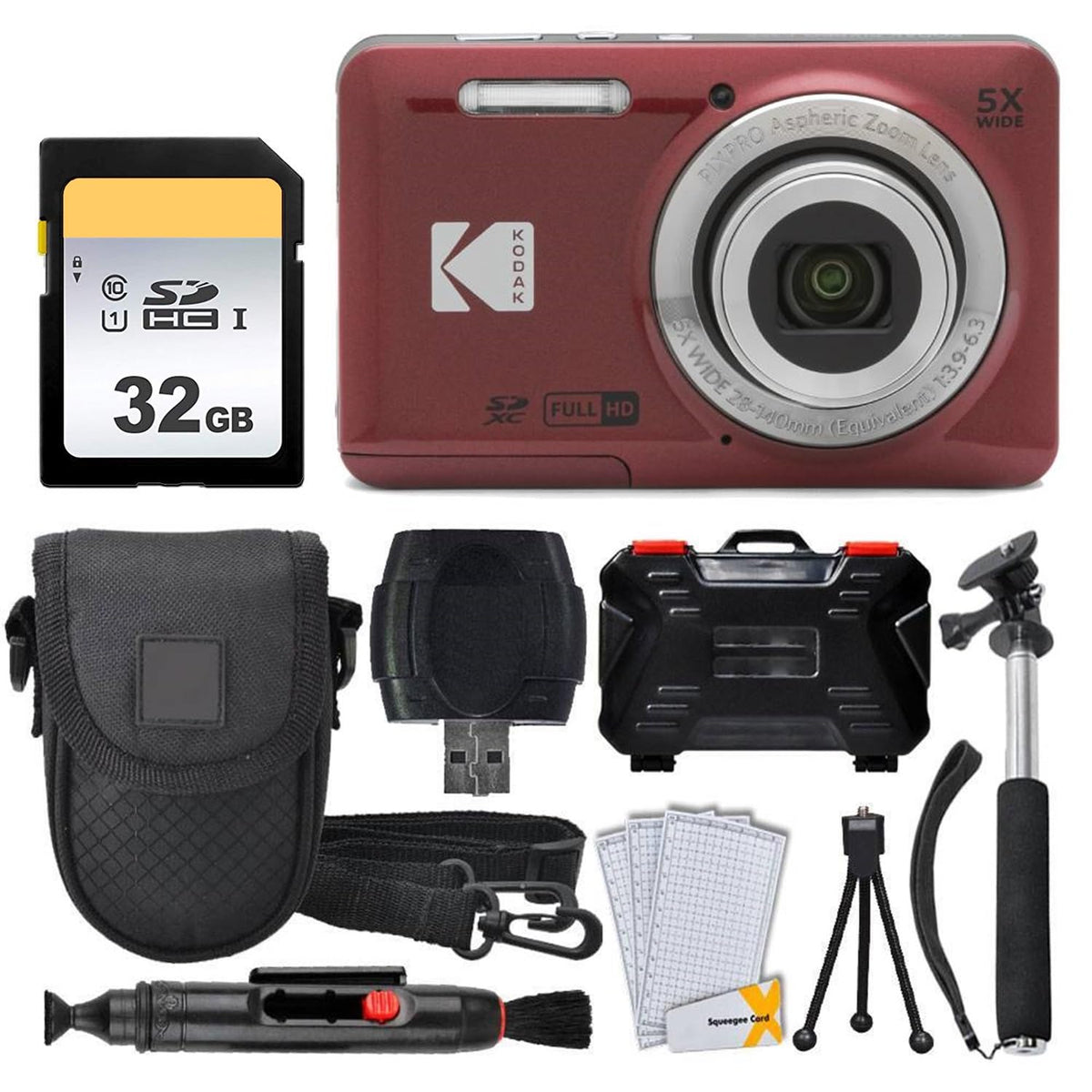 PHOTO4LESS Kodak PIXPRO FZ55 red front view, compact travel-ready camera.