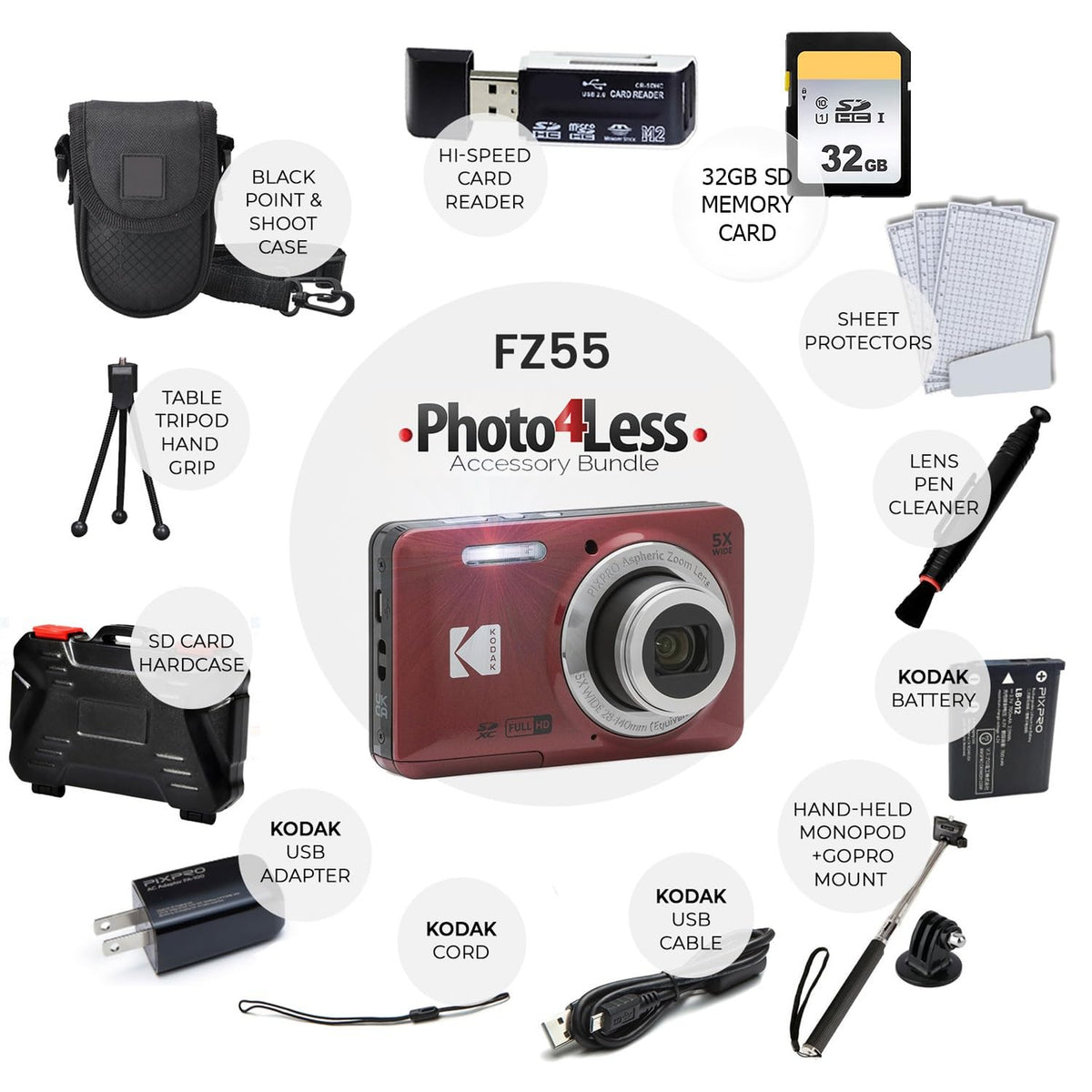 PHOTO4LESS Kodak PIXPRO FZ55 red side shot, easy handling for daily use.