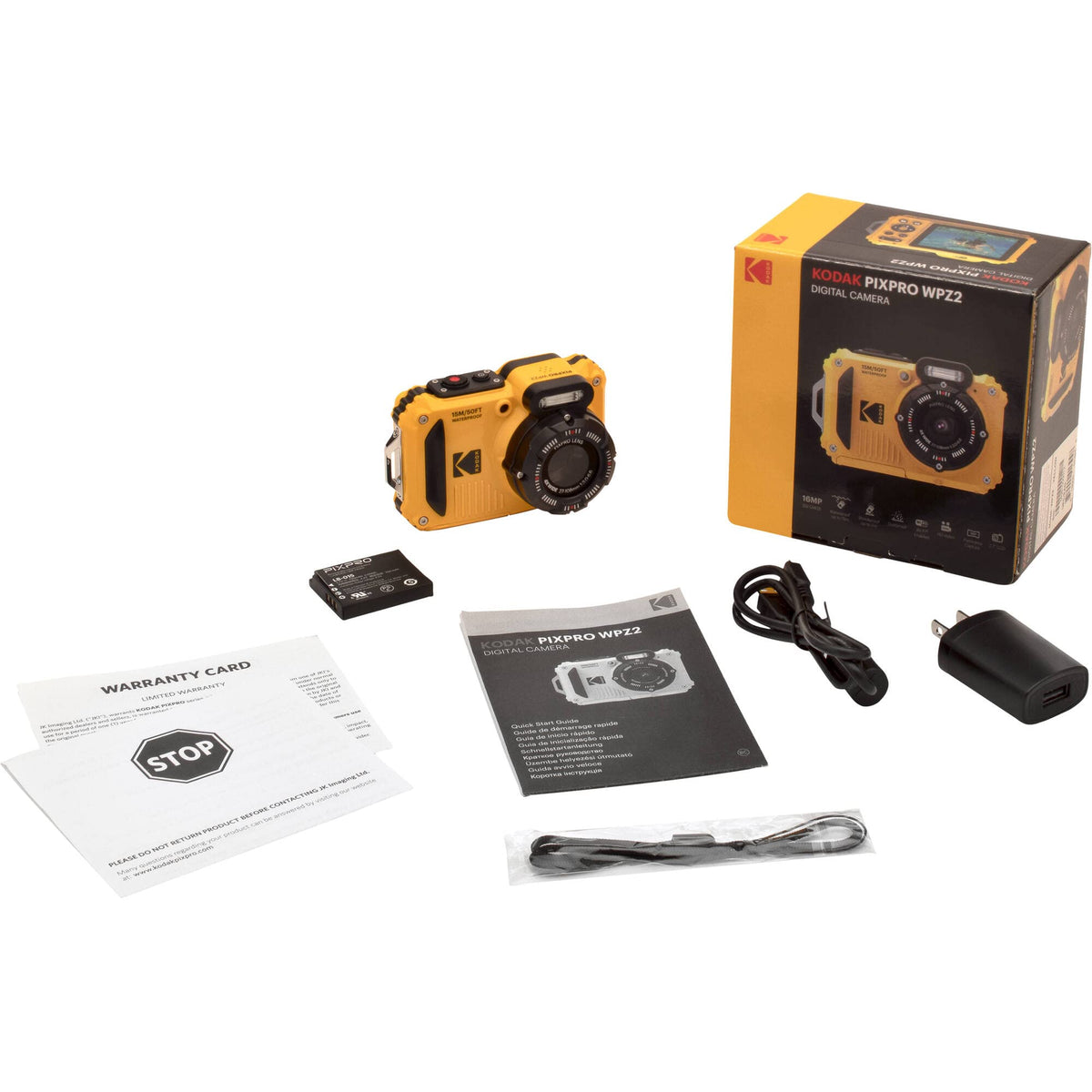 Kodak PIXPRO WPZ2 bundle accessories neatly arranged in kit.