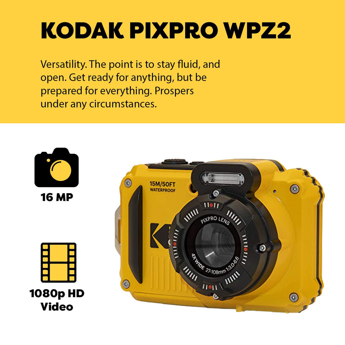 Kodak PIXPRO WPZ2 submerged action showing 15m waterproof rating.
