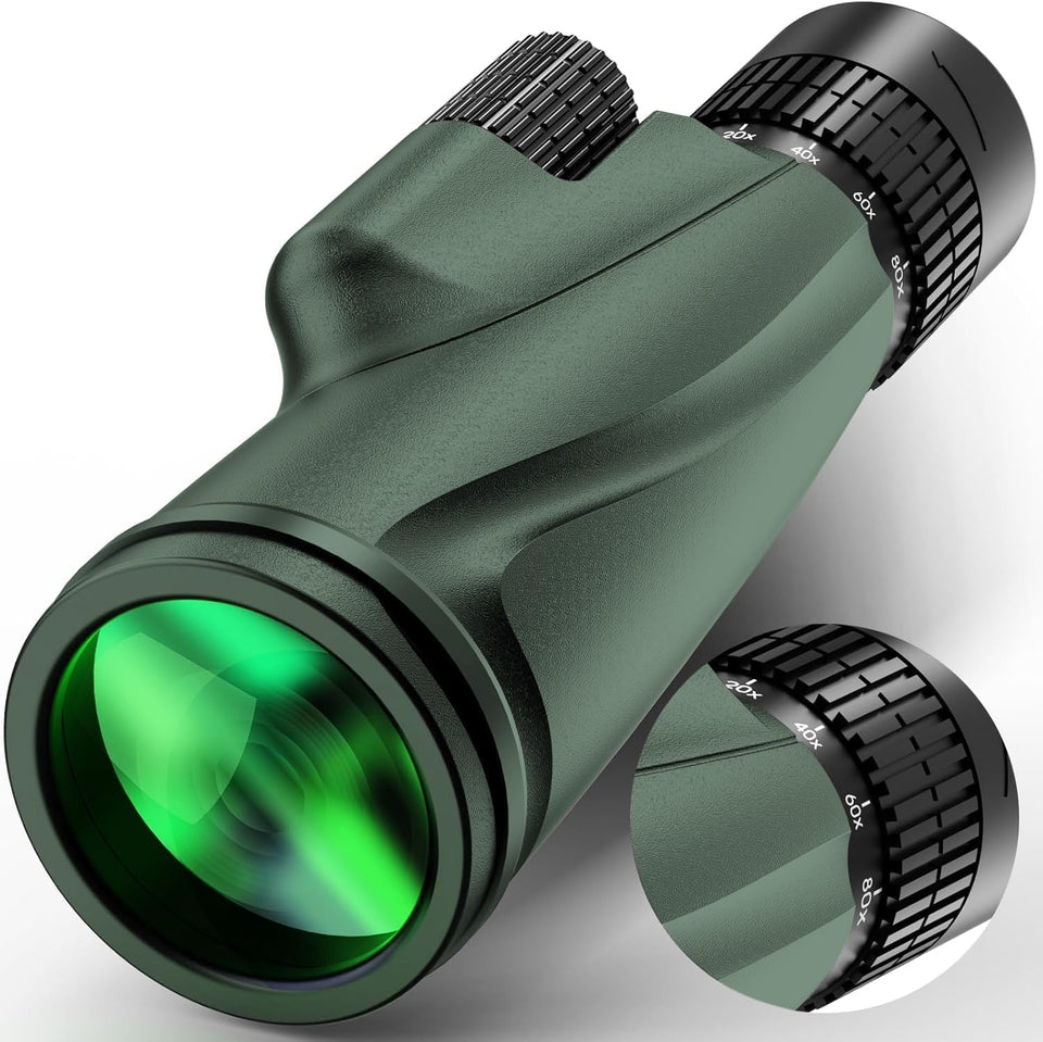 PhysioPhyx 80x100 monocular front view shows compact, powerful birding tool for nature viewing