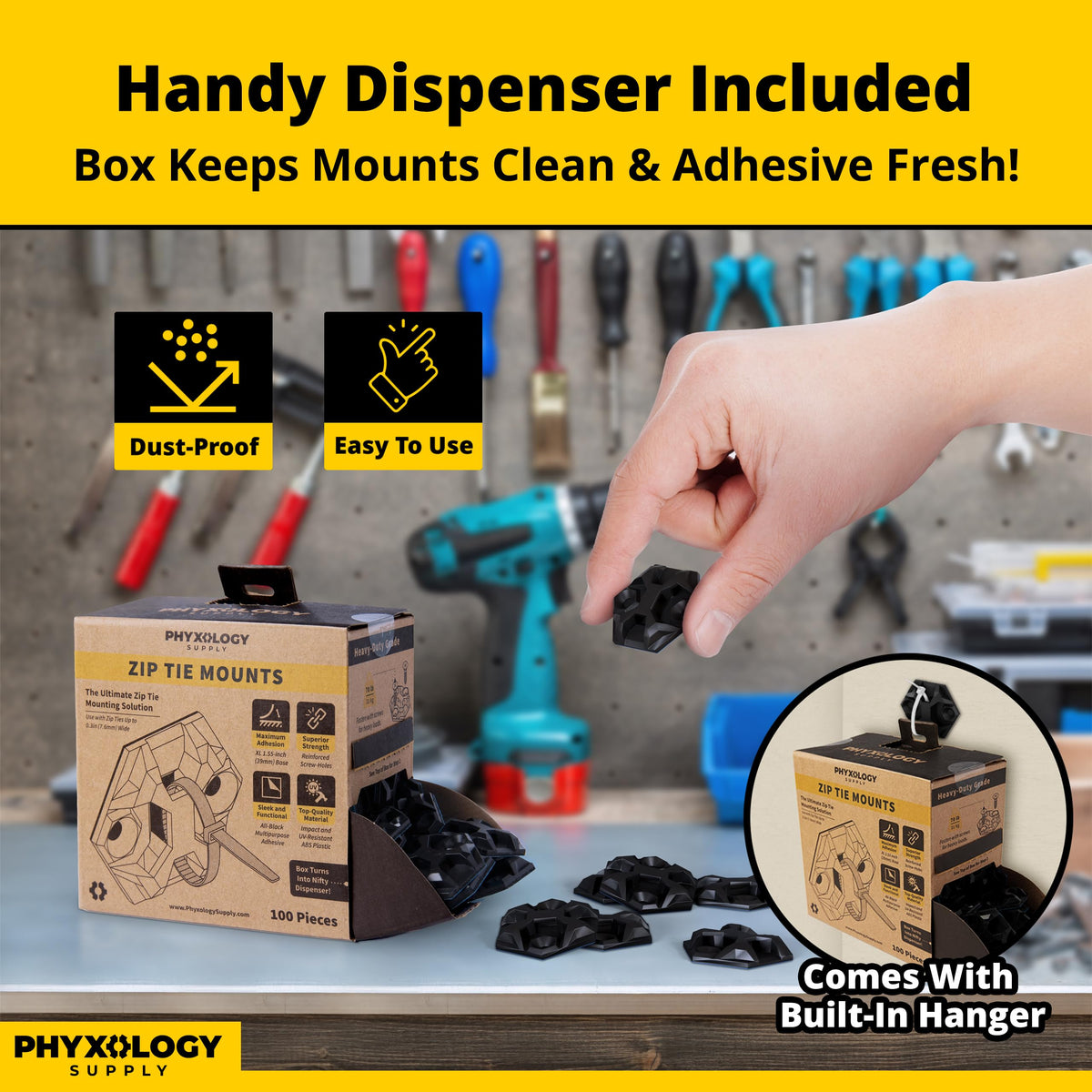 PHYXOLOGY SUPPLY easy-peel mounting base enables quick, tool-free cable mounting.