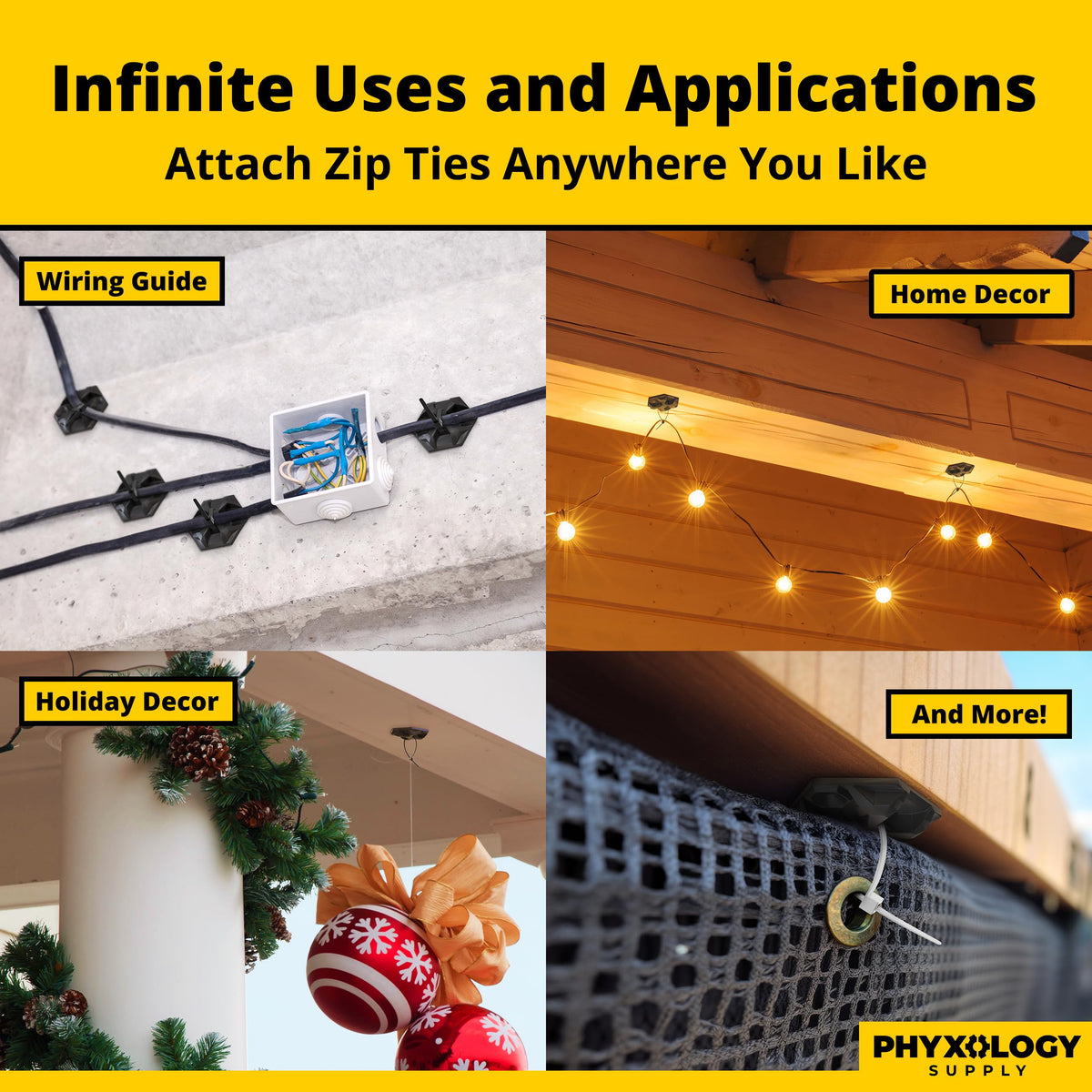 PHYXOLOGY SUPPLY versatile 100-pack mounts support heavy and light cables securely.