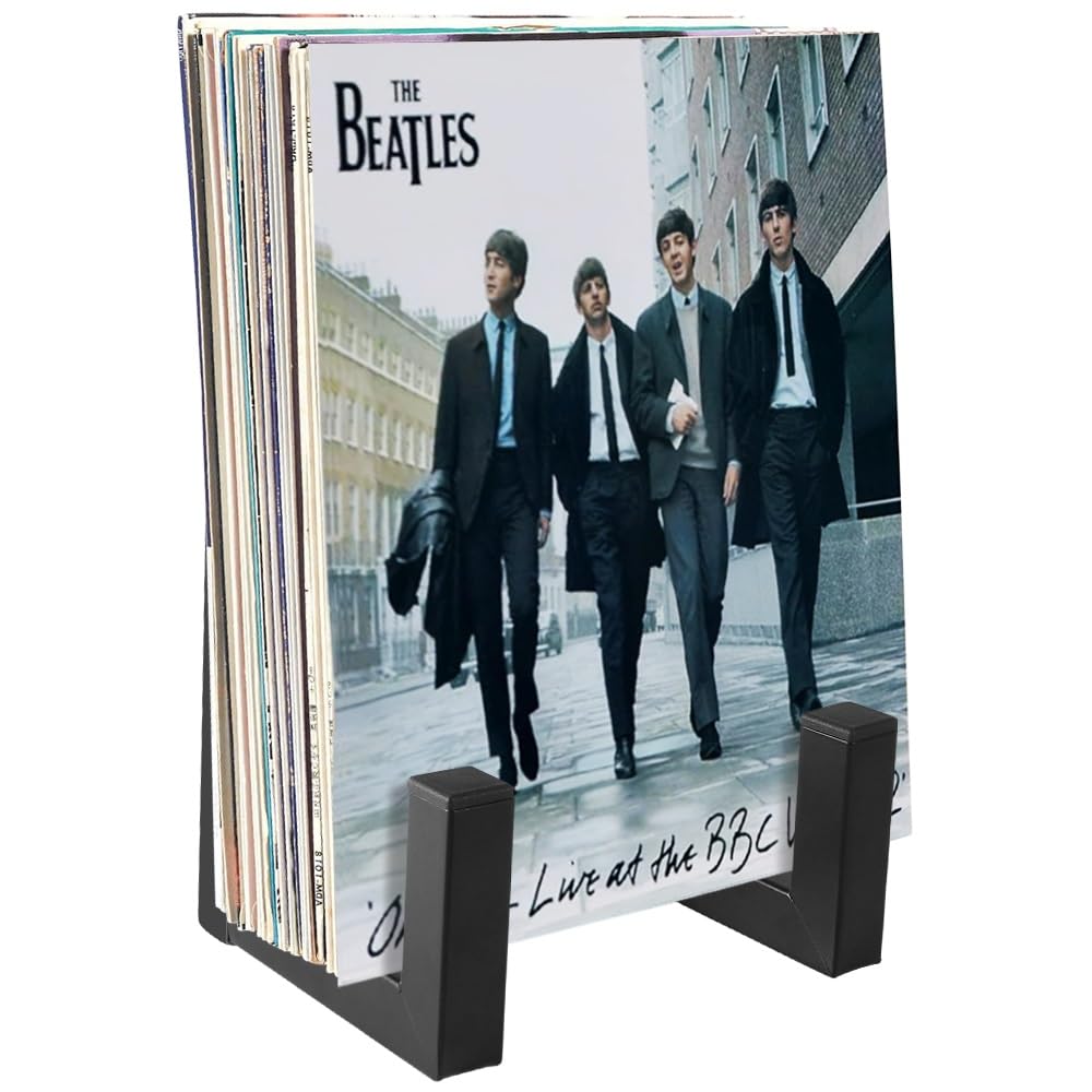 Picowe vinyl record storage holder front view showing a sleek black metal rack for tidy desk organization.