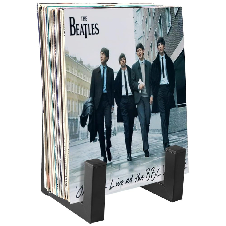 Picowe vinyl record storage holder front view showing a sleek black metal rack for tidy desk organization.