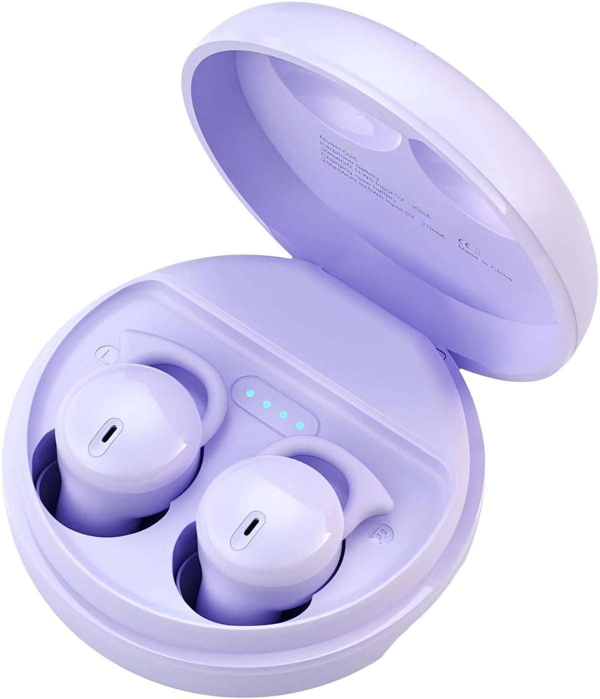 Piegricdiat front packaging showing compact purple earbuds and case for easy travel