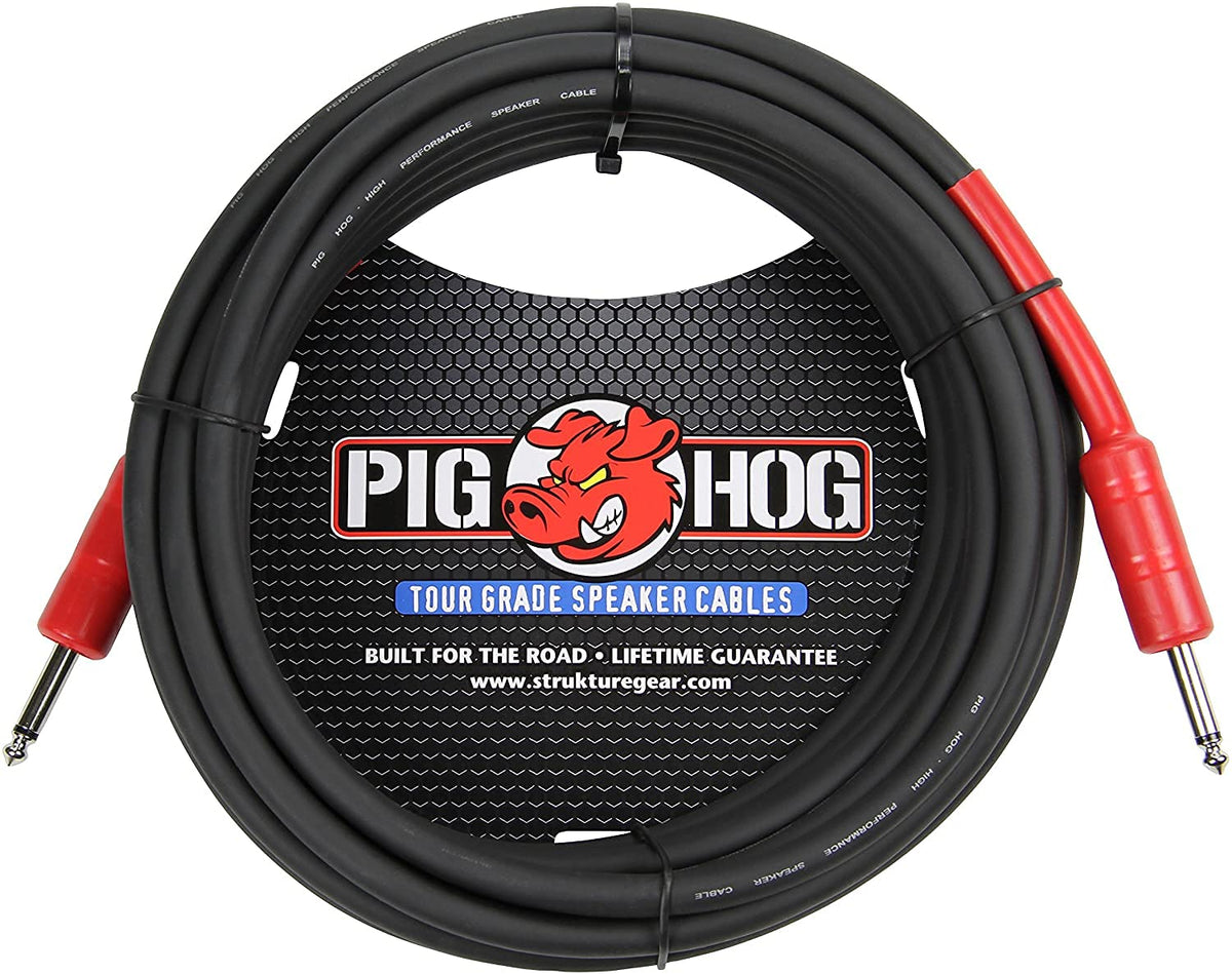 Pig Hog coiled 25ft speaker cable showing durable jacket and portability