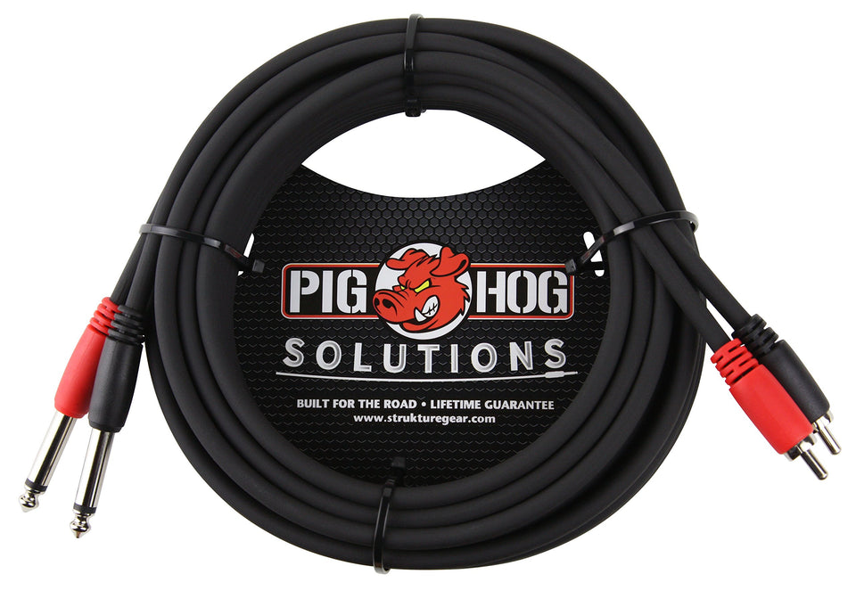 Pig Hog PD-R1415 cable connects dual RCA to dual one-quarter mono inputs for studio setups.