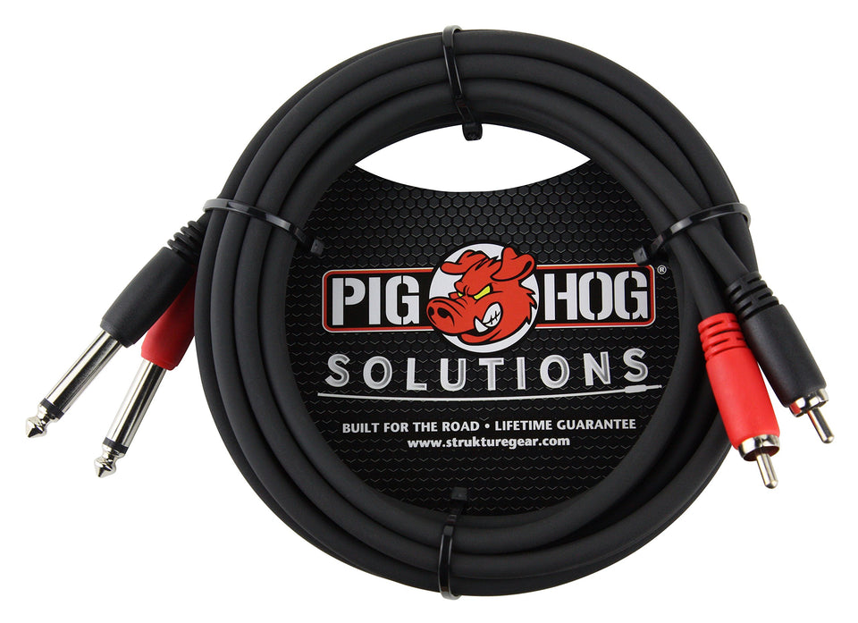 Pig Hog PD-R1410 dual RCA to dual 1/4in mono cable with rugged connectors for studio and stage.