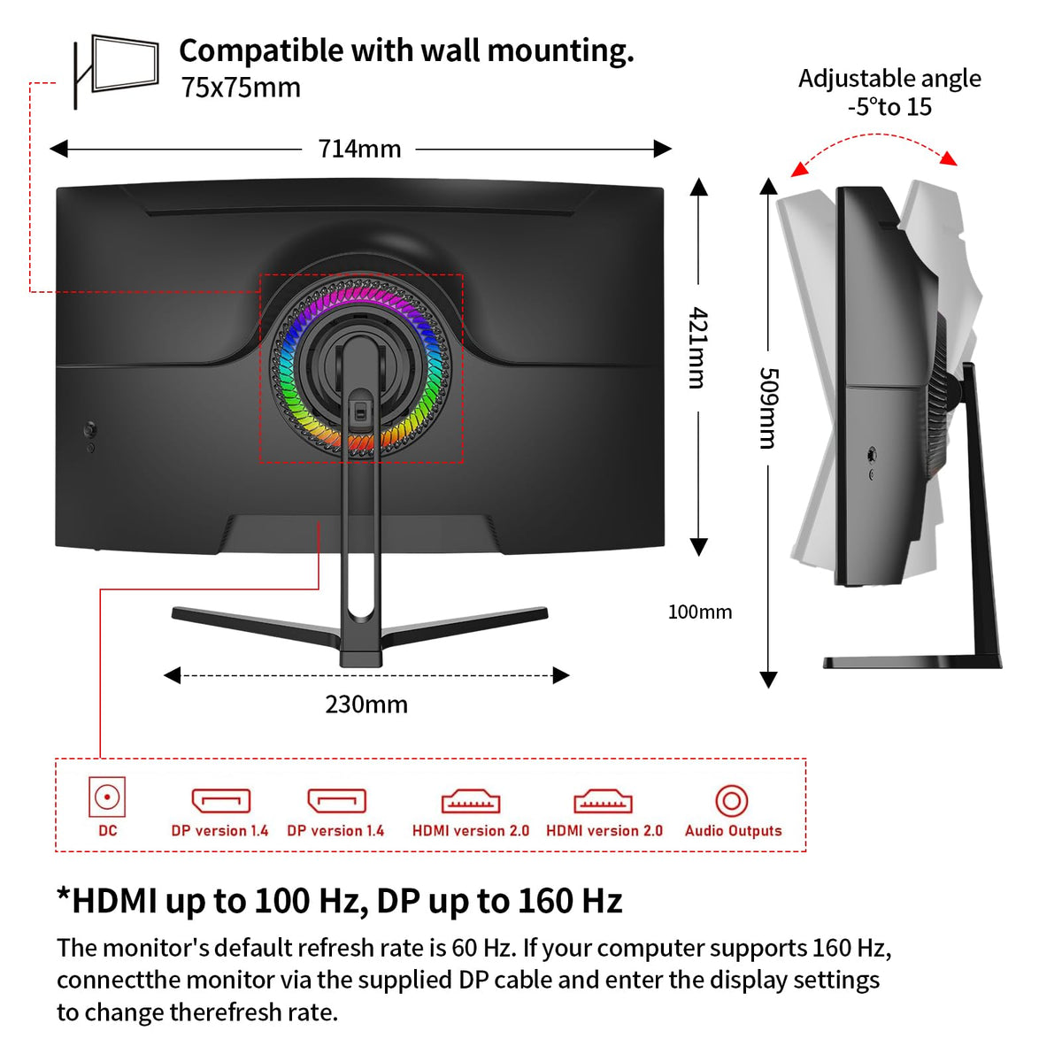 PIJ 75x75mm VESA compatibility enables easy wall or arm mounting.