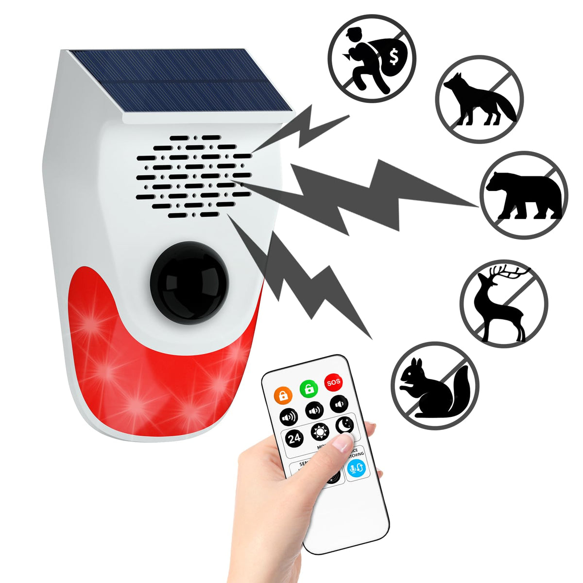PILSAMAS solar motion alarm front view with LEDs flashing to deter intruders.