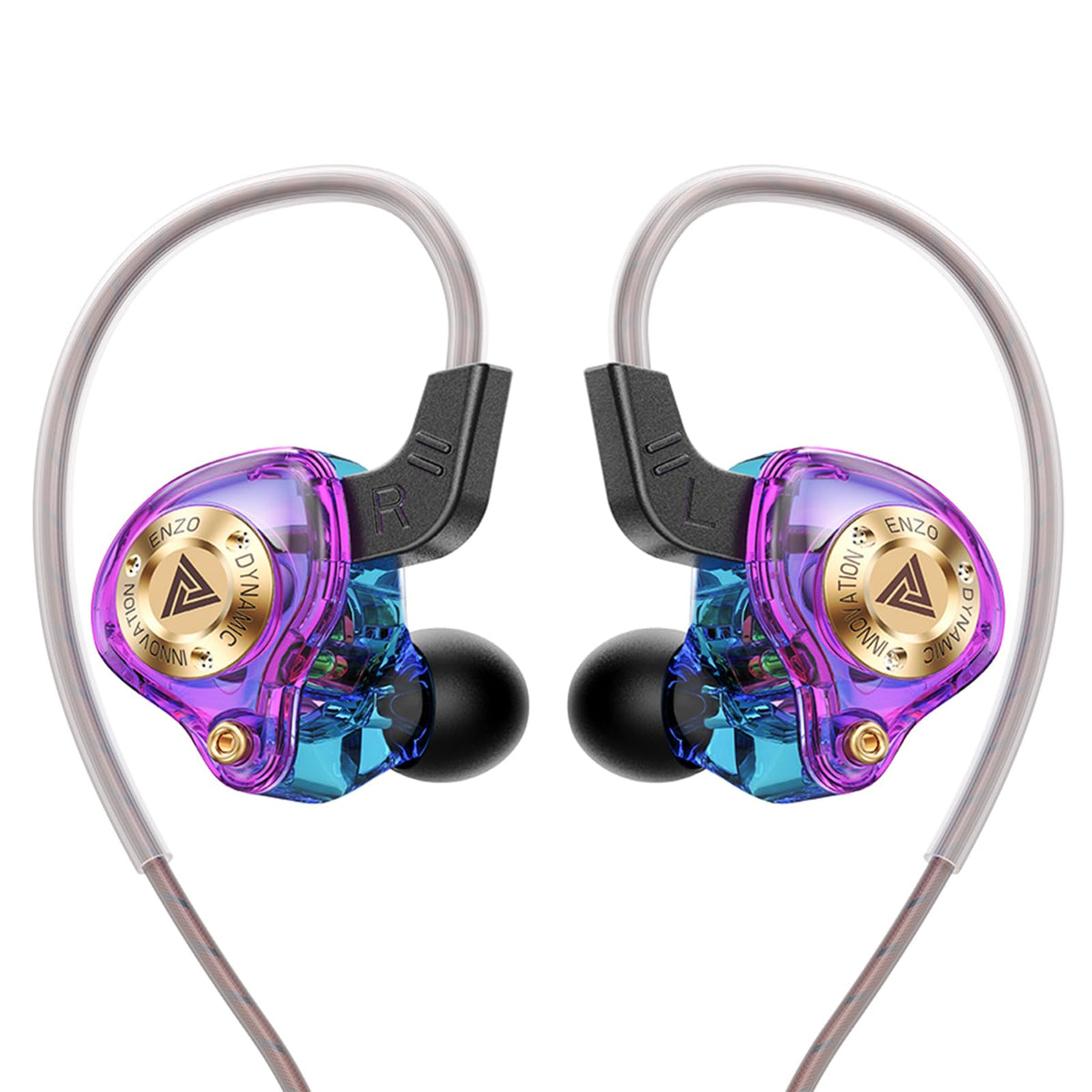 Piluyaa ENZO earphones close-up showing 1DD driver for rich bass and clarity.