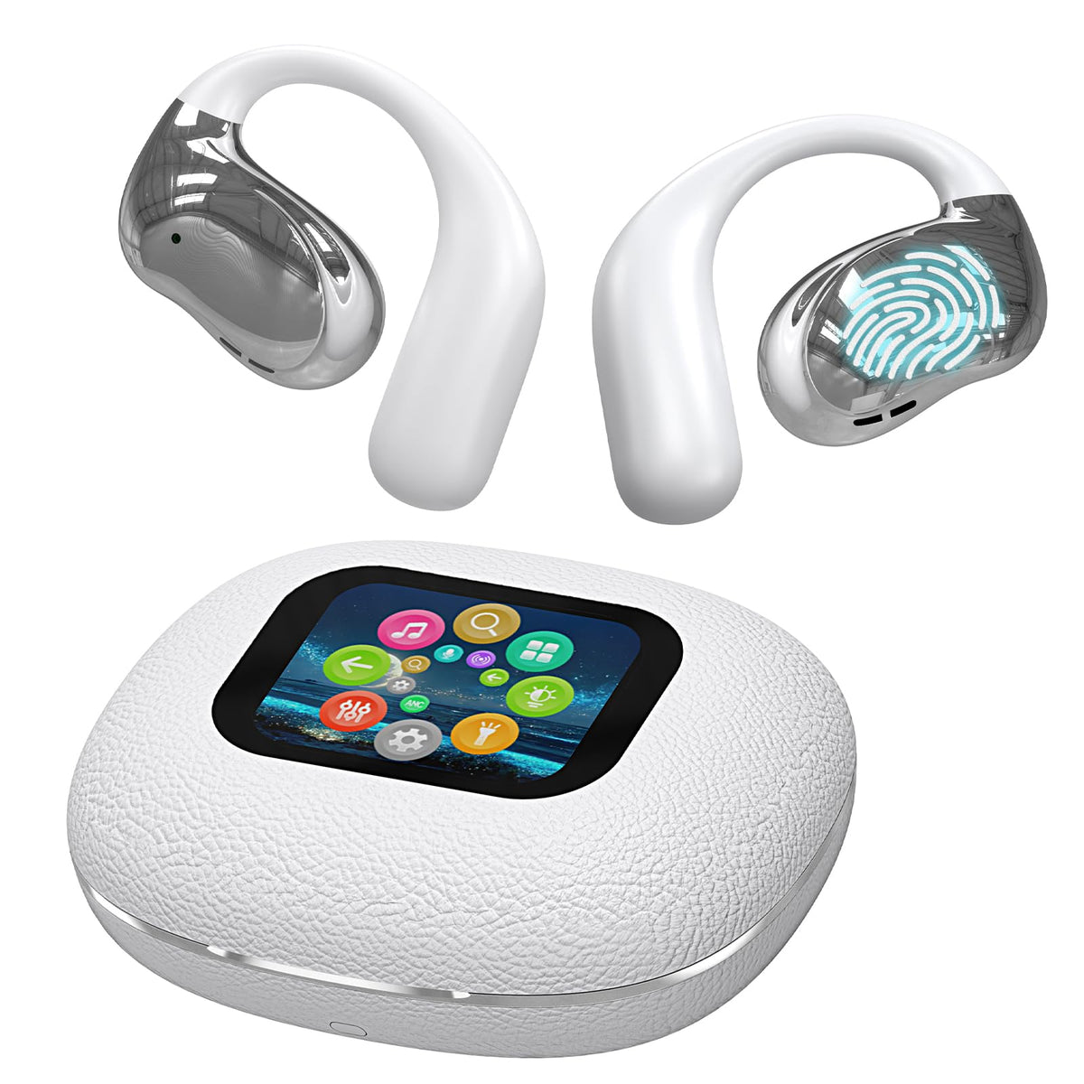 Piluyaa front view charging case showing LED touchscreen and benefits