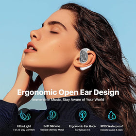 Piluyaa earbuds with water droplets demonstrating IPX7 water-resistant benefit