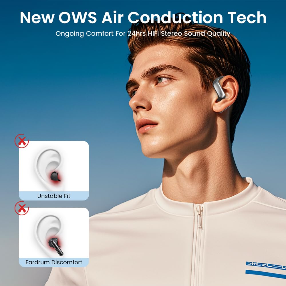 Piluyaa earbuds worn by runner outdoors, demonstrating secure fit and situational awareness