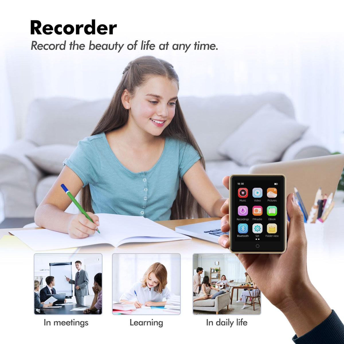 PINHUI paired with Bluetooth headphones demonstrating wireless listening freedom