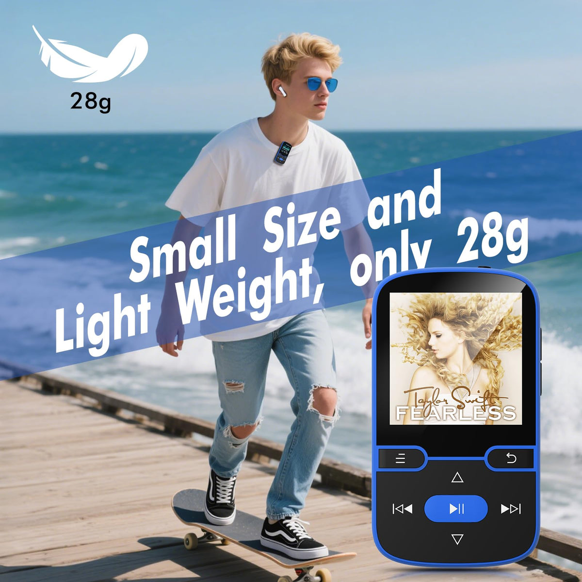 PINHUI clipped to clothing with headphones for phone-free listening