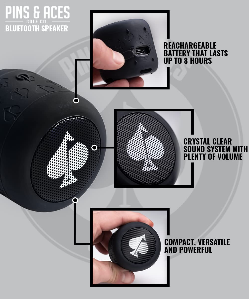 Pins & Aces Spade Speaker with 45-foot range for course mobility