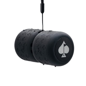 Pins & Aces Spade Speaker showing 8-hour battery for outdoor rounds