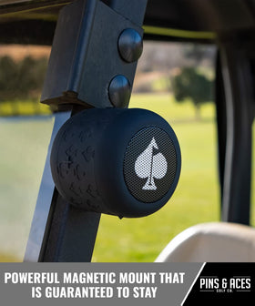 Pins & Aces Spade Speaker connects via Bluetooth to a device