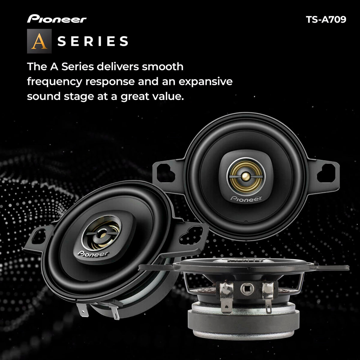 PIONEER TS-A709 2-way driver close-up shows dual woofer and tweeter for balanced sound