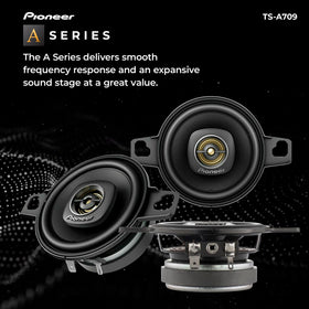 PIONEER TS-A709 2-way driver close-up shows dual woofer and tweeter for balanced sound