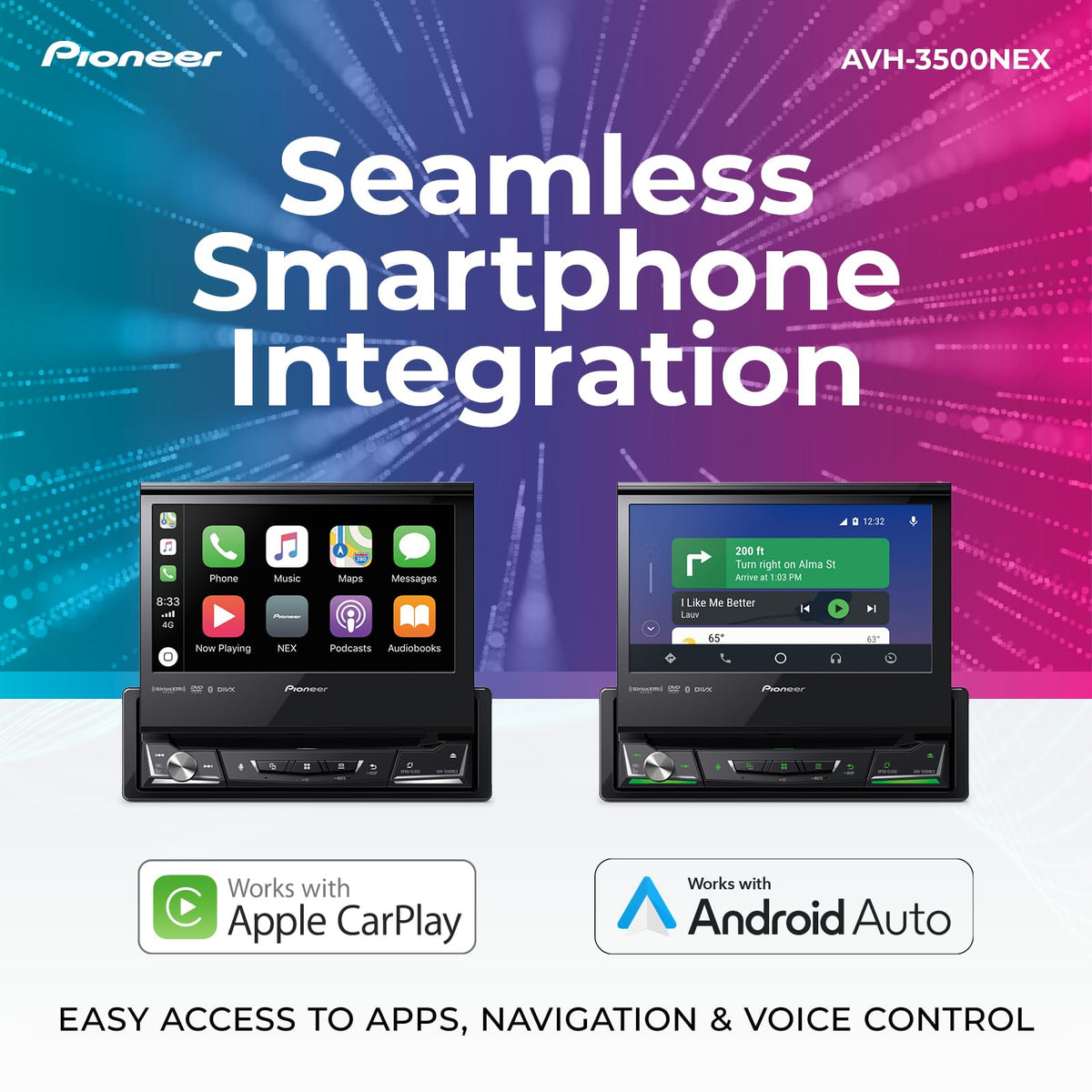Pioneer AVH-3500NEX Apple CarPlay and Android Auto integration on display