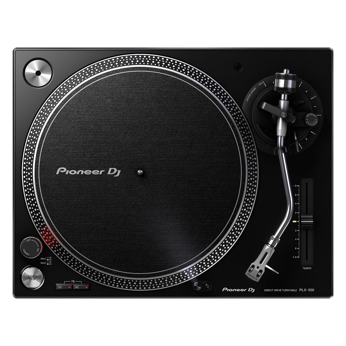 Pioneer DJ PLX-500 direct-drive turntable front view for versatile vinyl playback