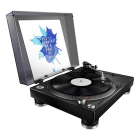 Pioneer DJ PLX-500 sleeve art display with dust cover and record covers visible