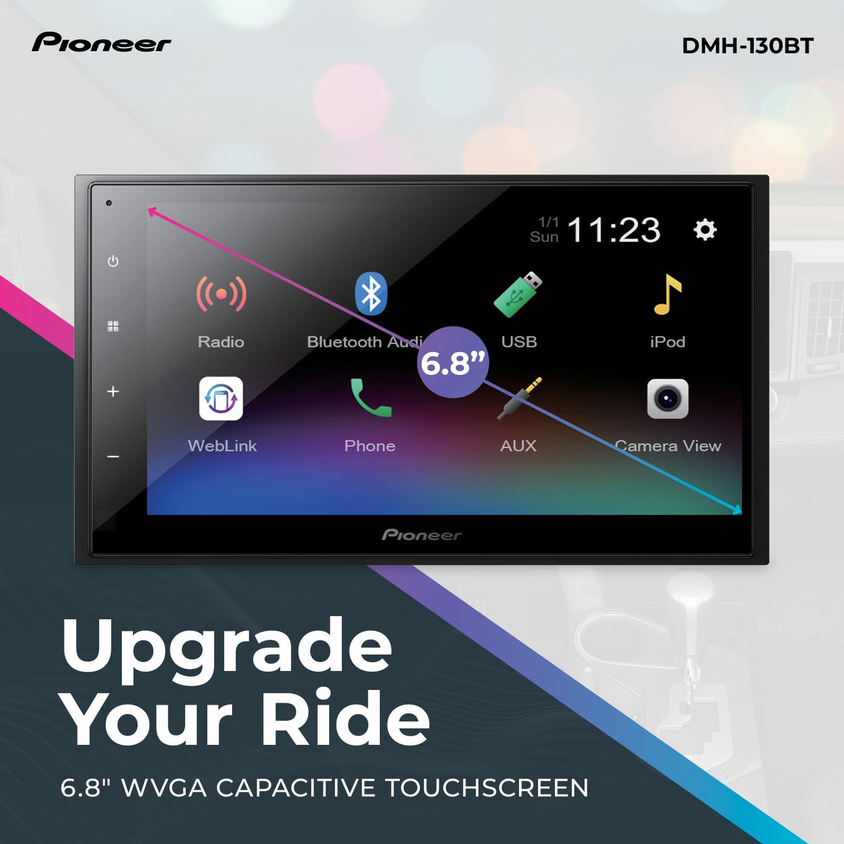 Pioneer DMH-130BT Bluetooth hands-free calls and wireless audio streaming.