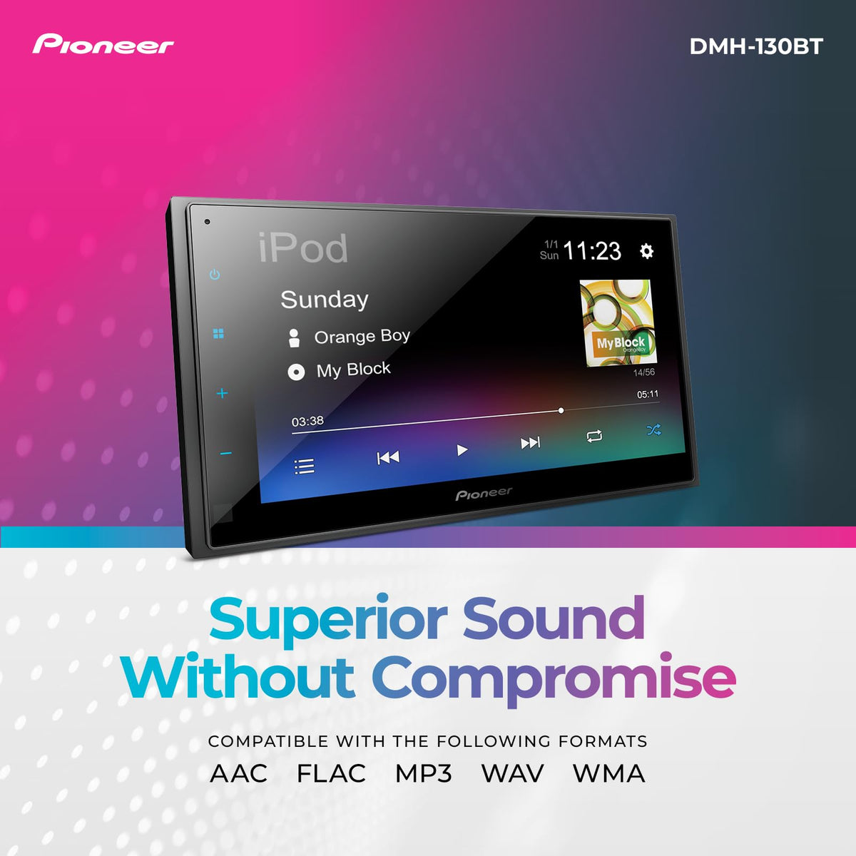 Pioneer DMH-130BT color-and-illumination options for personalized ambience.