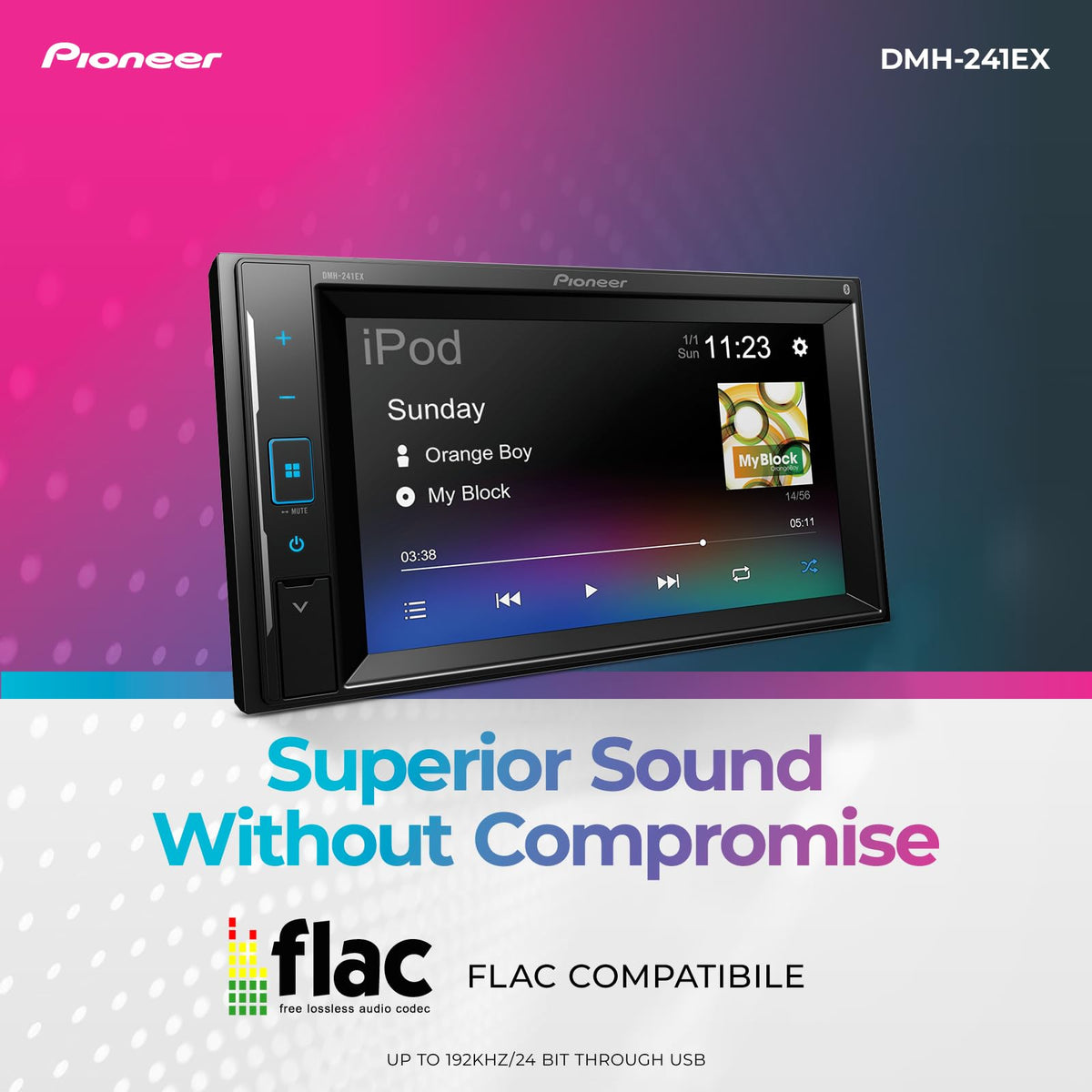 Pioneer DMH-241EX rear camera input enhances parking safety with clearer rear visibility.