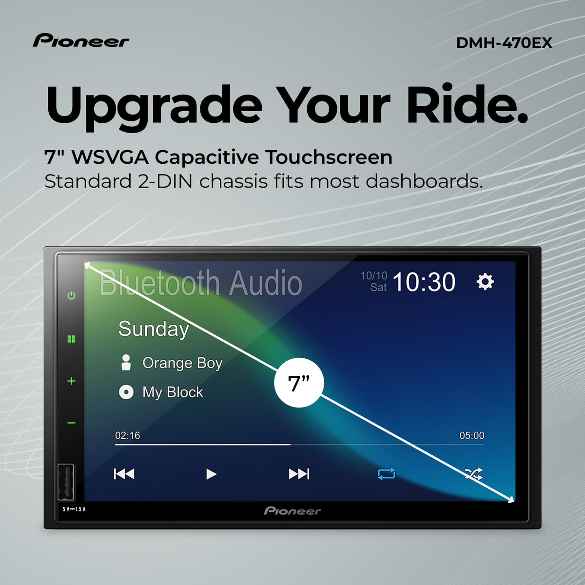 Pioneer DMH-470EX 7-inch touchscreen display enabling easy navigation and media control.