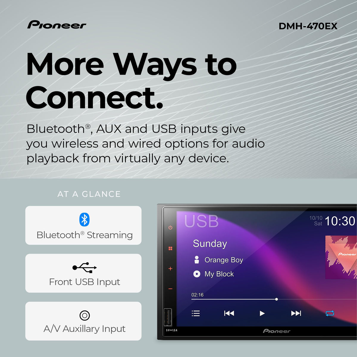 Pioneer DMH-470EX WebLink app integration on display for seamless smartphone connectivity.