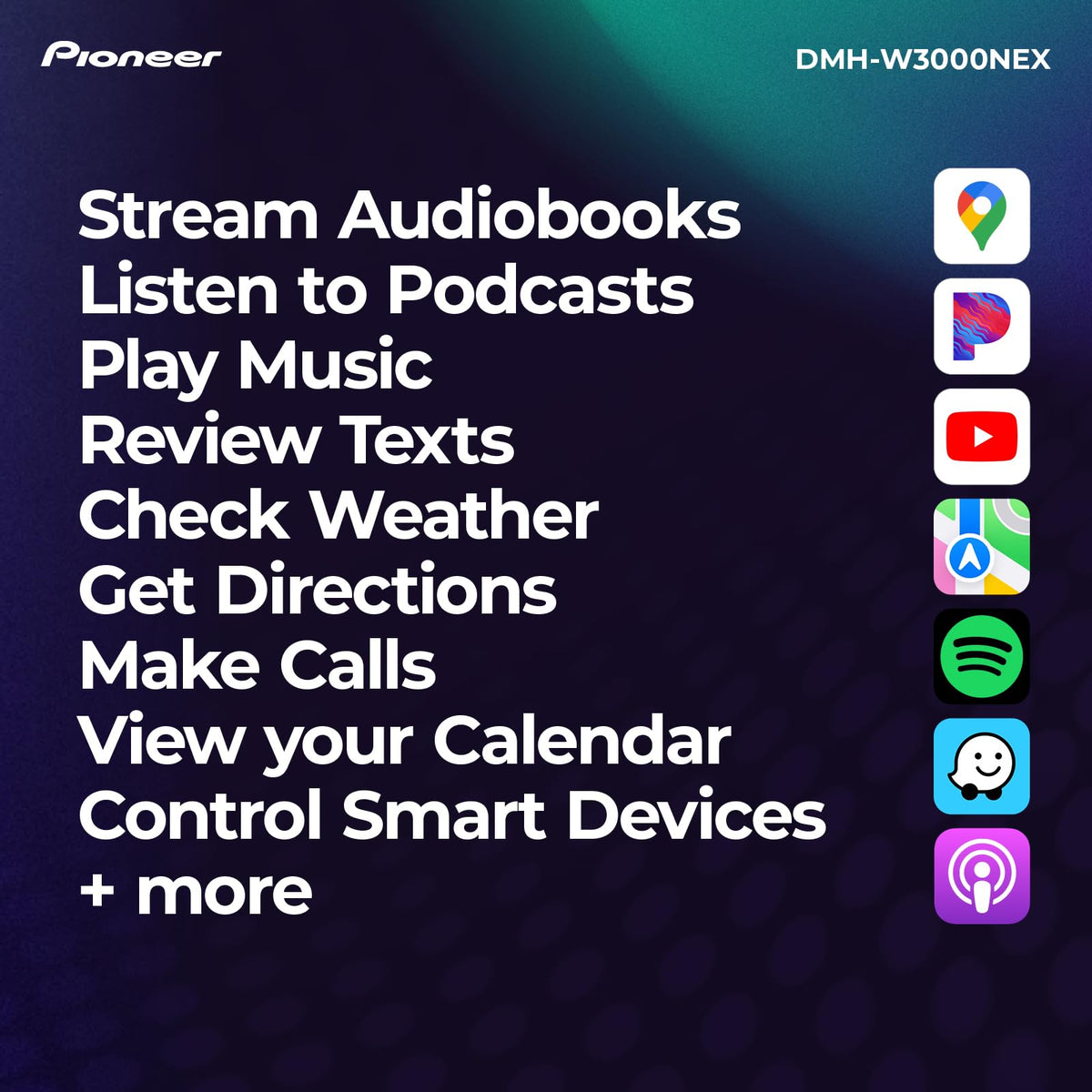 PIONEER DMH-W3000NEX Bluetooth enables hands-free calls and wireless audio streaming.