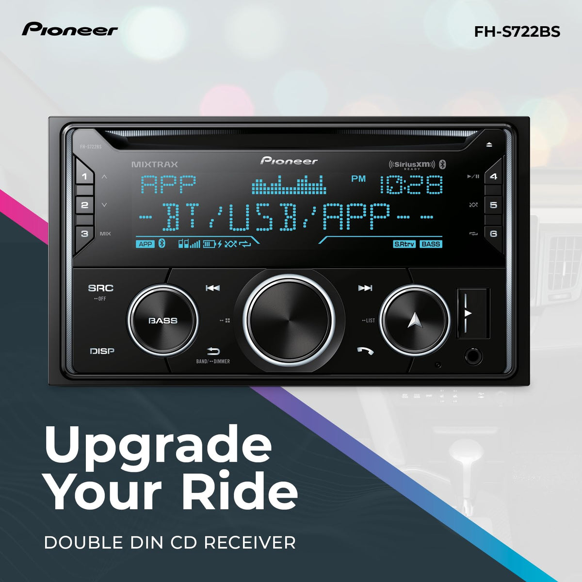 PIONEER FH-S722BS USB-AUX ports for quick device connections and on-the-go charging.