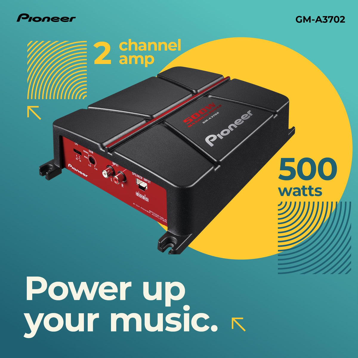 PIONEER GM-A3702 side panel highlights easy integration with factory radios.
