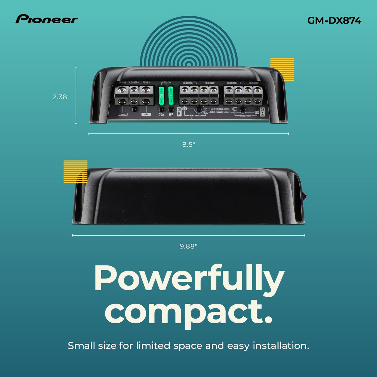 Pioneer GM-DX874 in bridged mode delivering enhanced power to subwoofers.