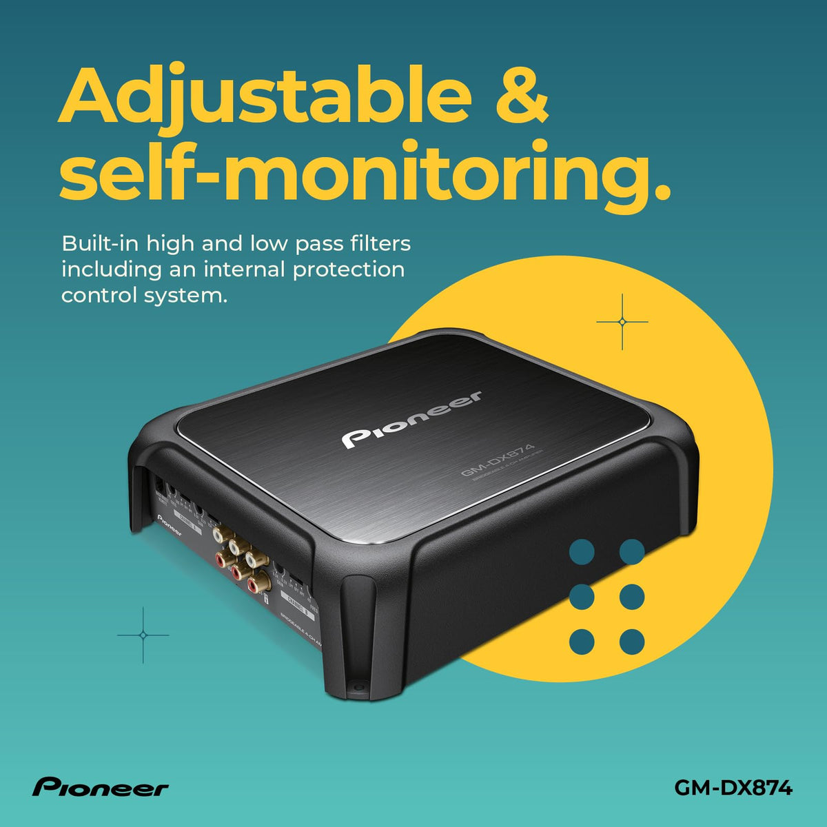Pioneer GM-DX874 remote bass boost control option for on-demand bass adjustments.