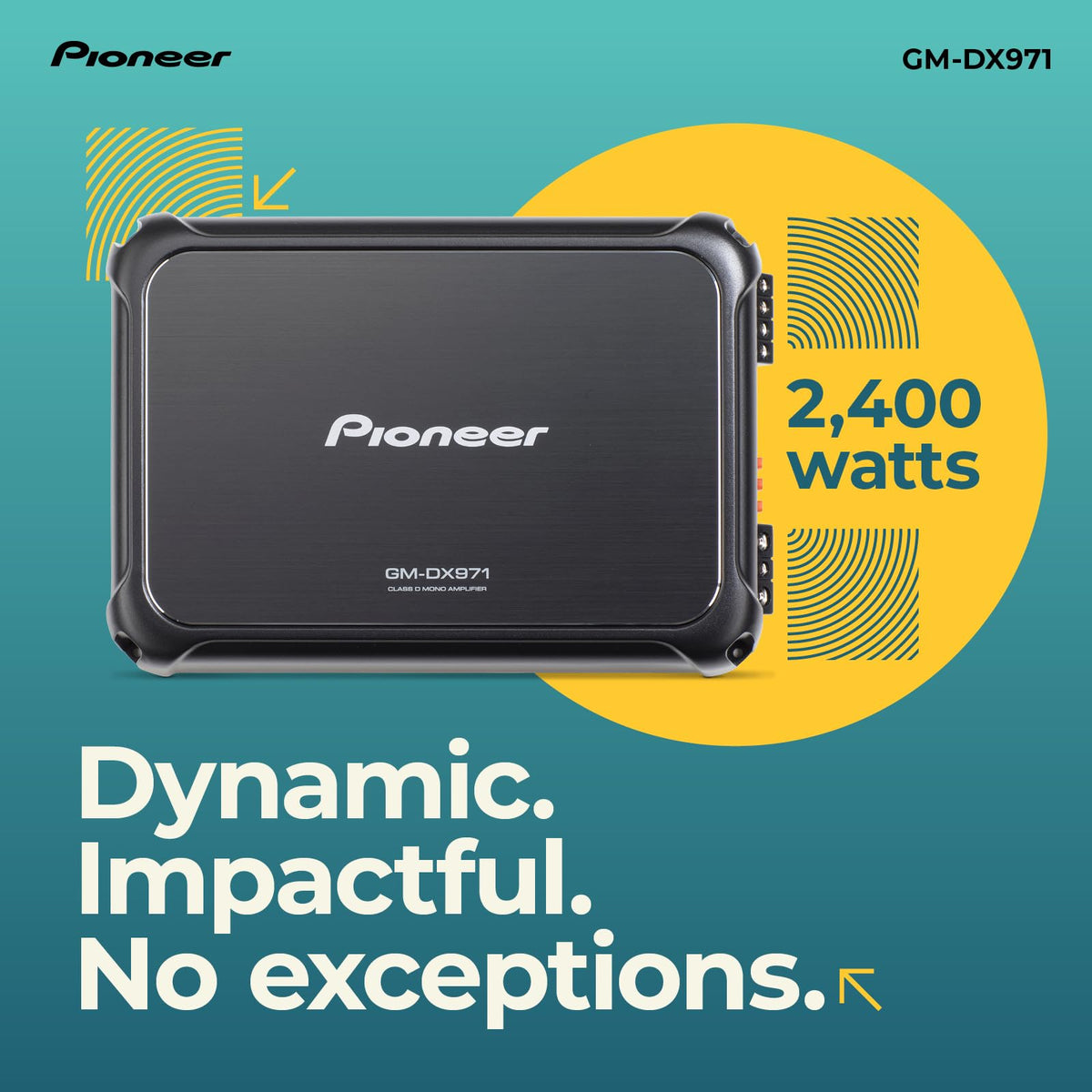 Pioneer GM-DX971 side-angled view emphasizes slim profile for versatile mounting.