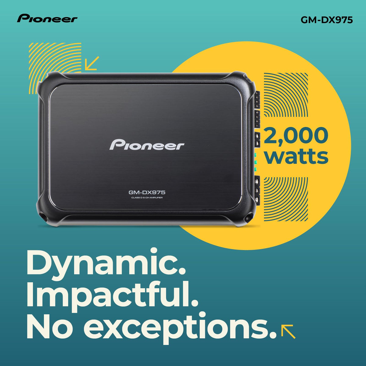 Pioneer GM-DX975 gold terminals ensure durable, reliable connections for clean power transfer.