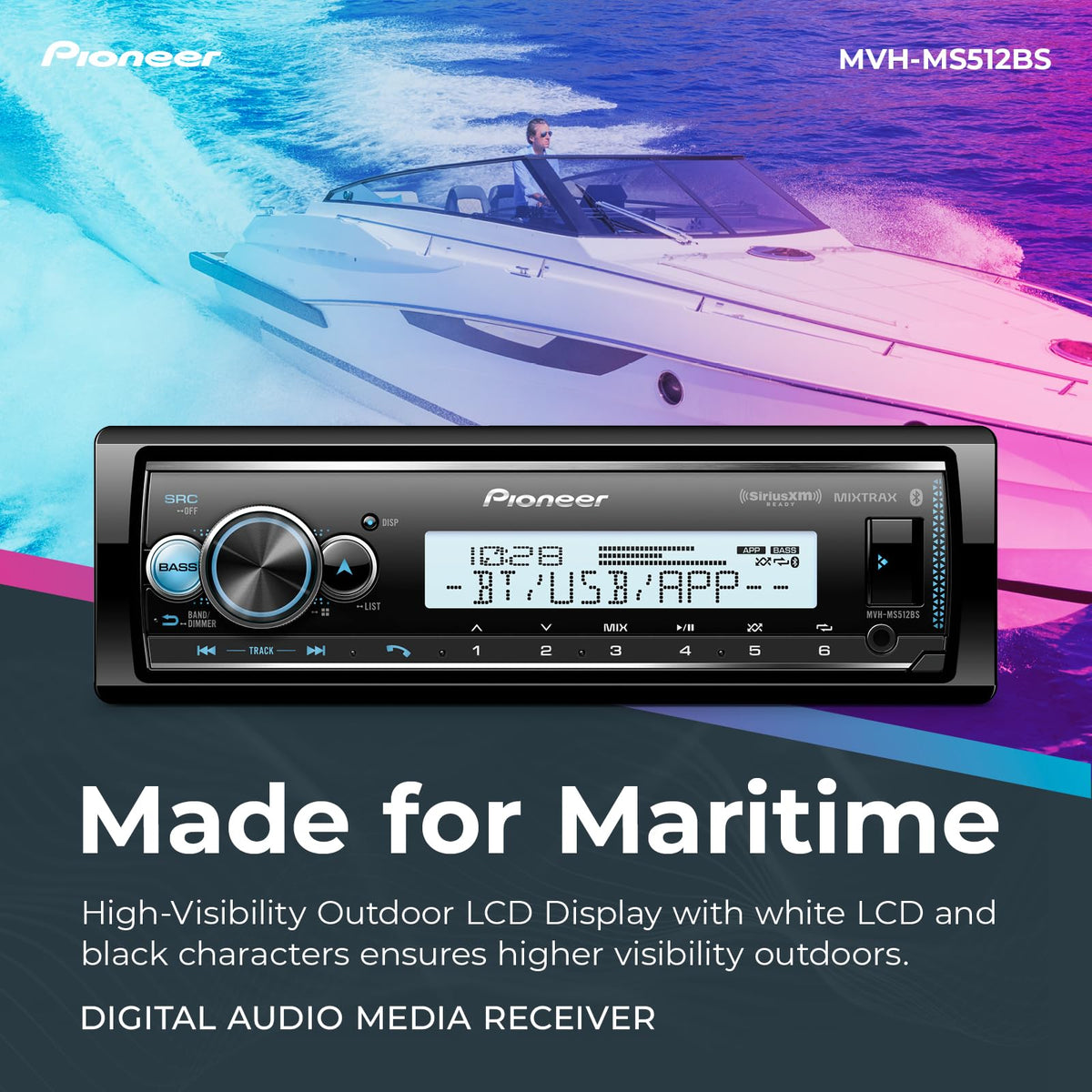 Pioneer MVH-MS512BS marine installation on dash for rugged environments.