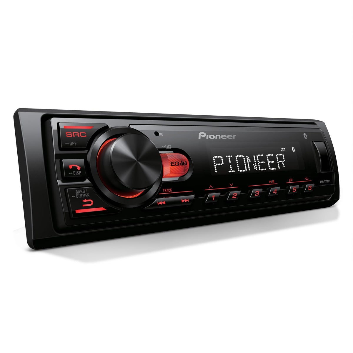 Pioneer MVH-S110BT front panel with compact design for easy dashboard installation.