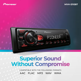Pioneer MVH-S110BT red backlit controls boost night-time visibility on the dash.