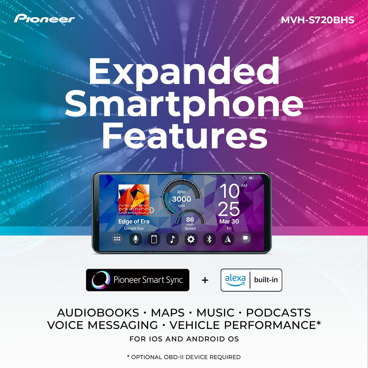 HD Radio on the Pioneer MVH-S720BHS delivers digital stations with real-time info.