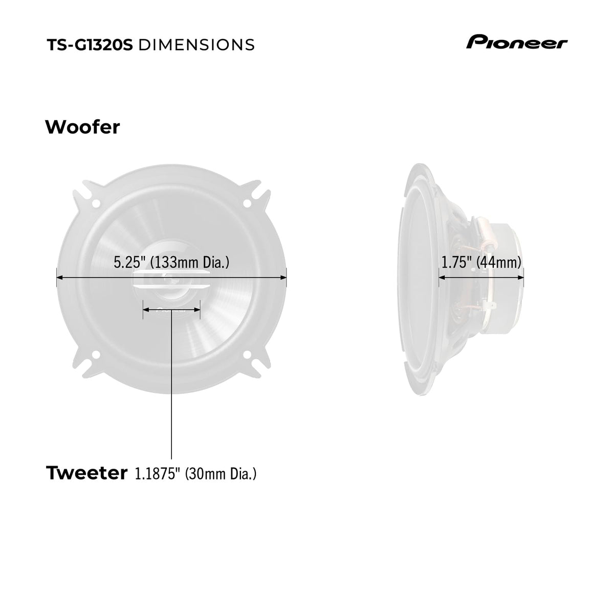PIONEER speaker next to hand for scale showing compact 5.25-inch fit