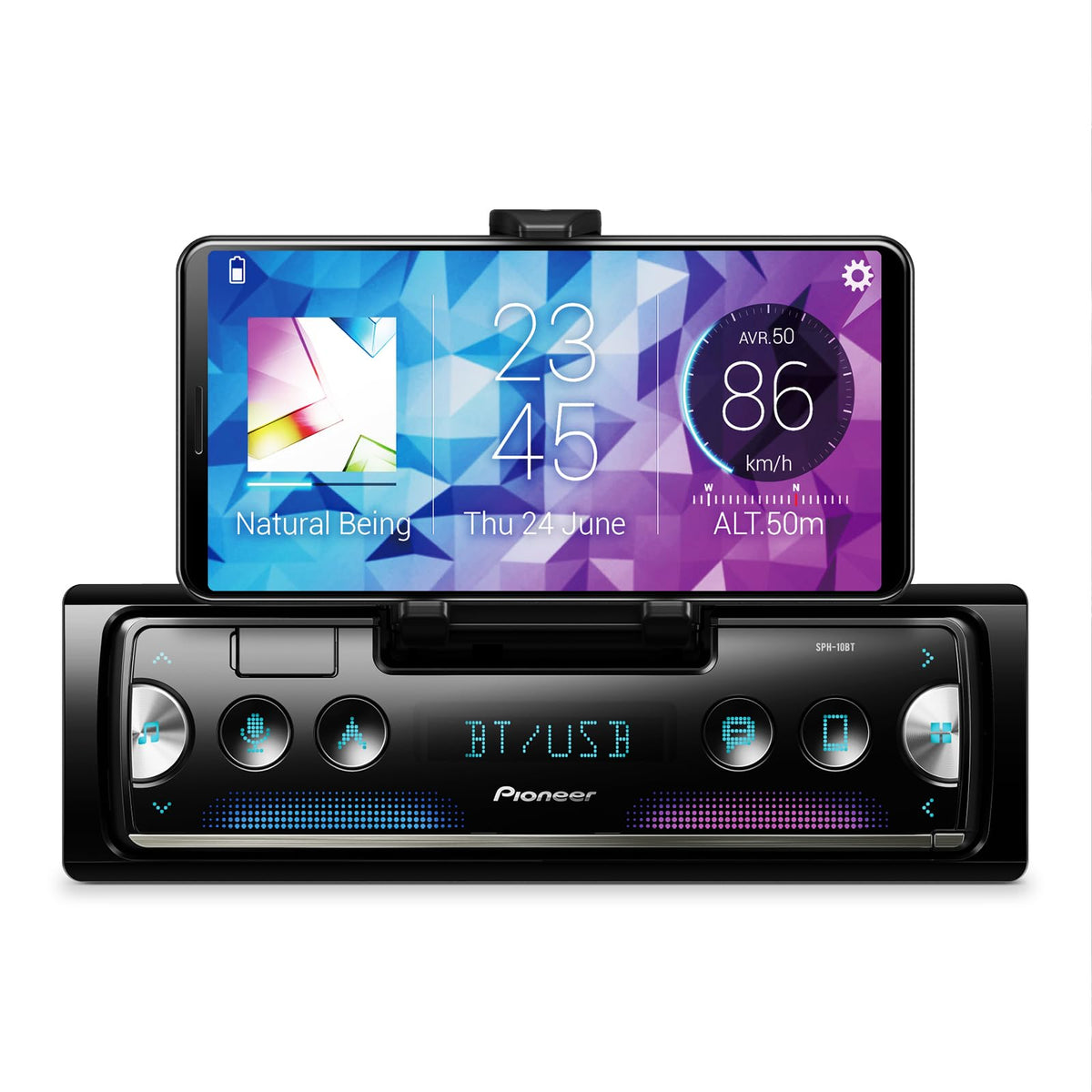 Pioneer SPH-10BT color-change display enhances dash ambience and readability.